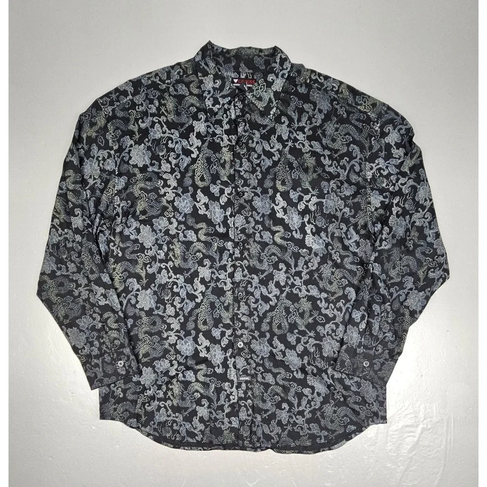 Vintage‎ Guess Jeans Button Up Shirt Mens XXL Black Rayon Asian AOP Longsleeve